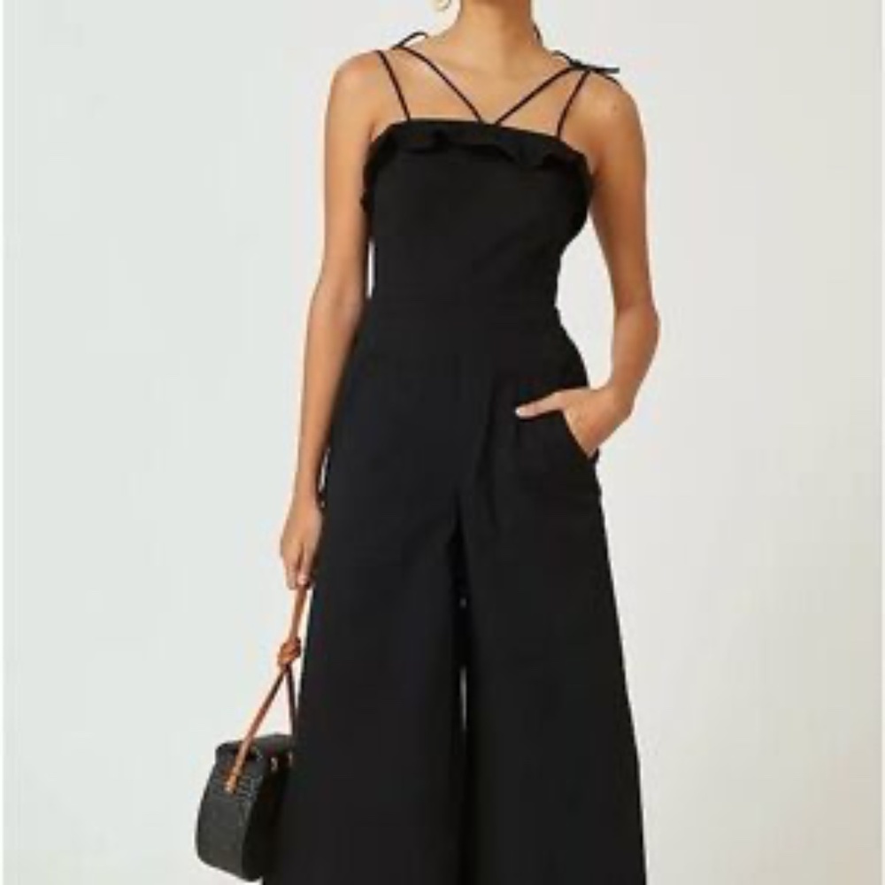 Anthropologie Maeve Elevated Black Denim/Twill Ruffle Jumpsuit Size 8